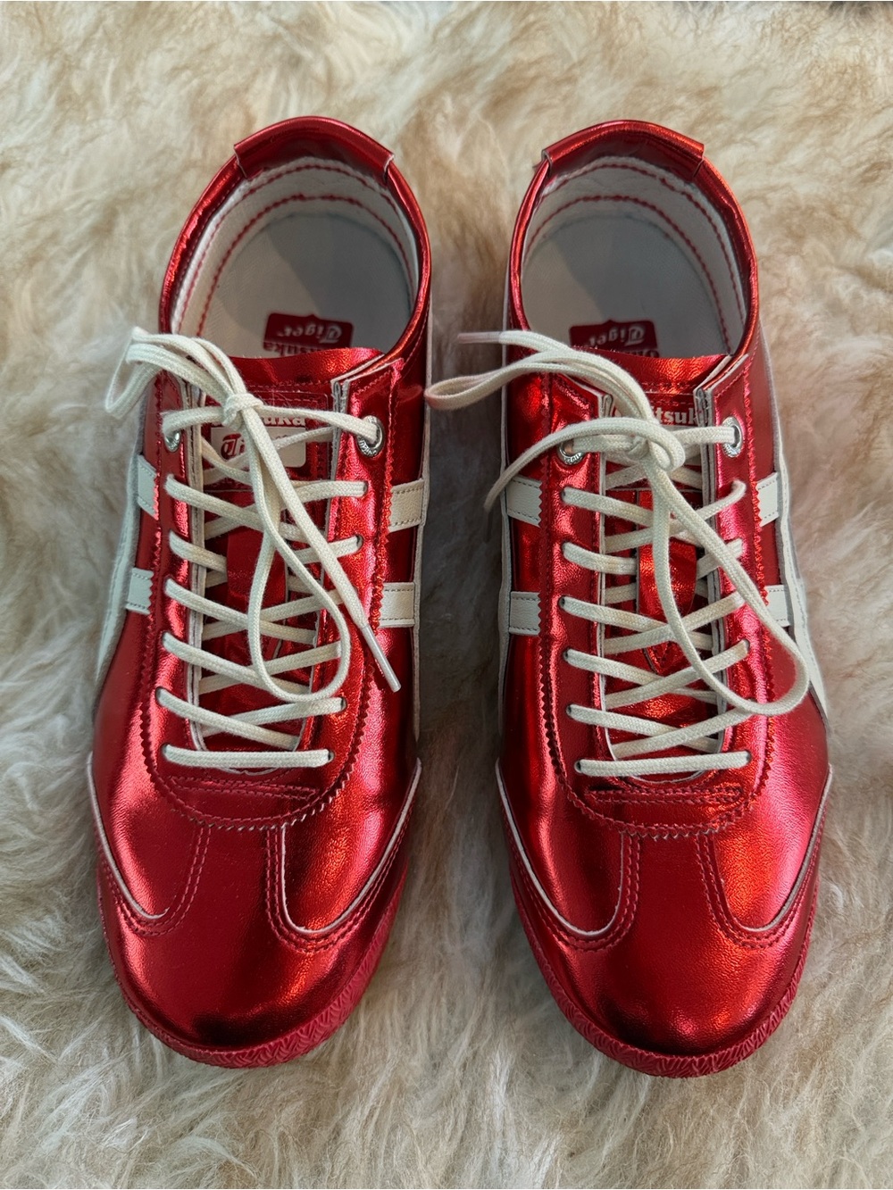 Onitsuka Tiger Shiny Red Low-Top Sneakers with White Stripes